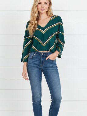 Express One Eleven Green Striped V Neck Bell Sleeve Top, Women, Junior